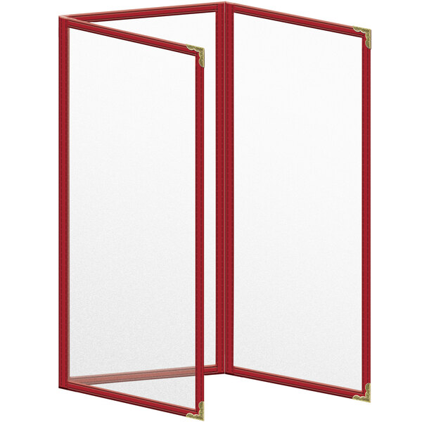 A red vinyl menu cover with gold corners and a matte finish.