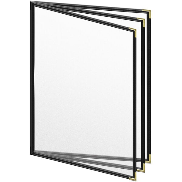 A stack of H. Risch, Inc. black vinyl menu covers with gold corners and a matte finish.