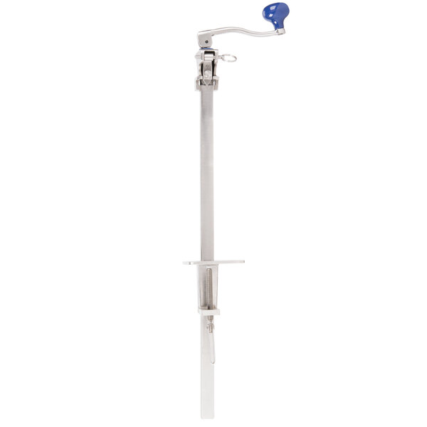 An Edlund stainless steel clamp base with a blue handle on a metal pole.