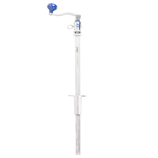 An Edlund stainless steel manual can opener with a white and blue clamp base.