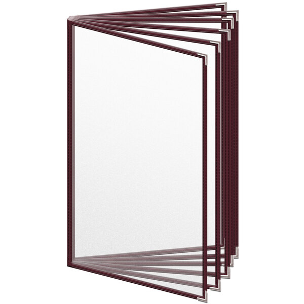 A stack of H. Risch, Inc. maroon vinyl menu covers with silver smooth corners and matte finish on a white background.