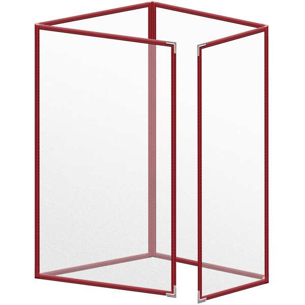 A red rectangular vinyl menu cover with silver smooth corners.
