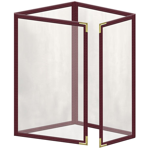 A maroon vinyl menu cover with gold smooth corners and a gloss finish.