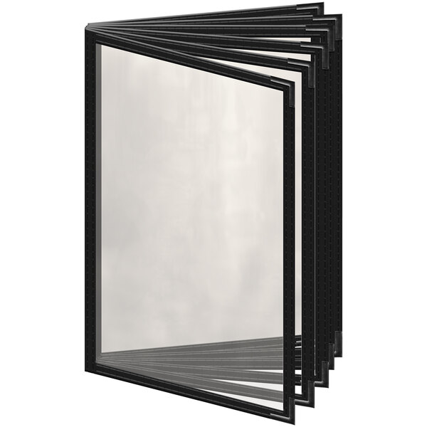 A black H. Risch, Inc. vinyl menu cover with clear glass windows.