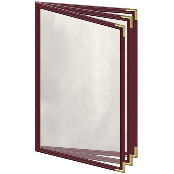 A maroon vinyl menu cover with gold smooth corners and trim.