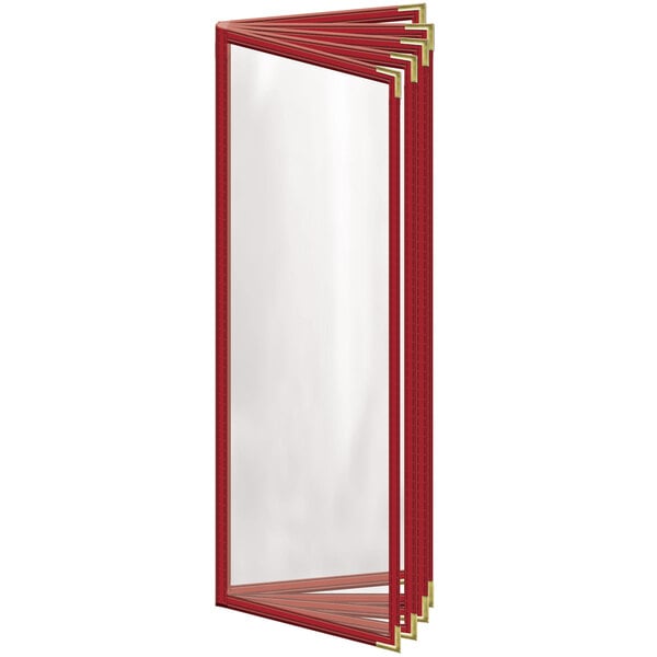 A red rectangular menu cover with gold smooth corners and trim.