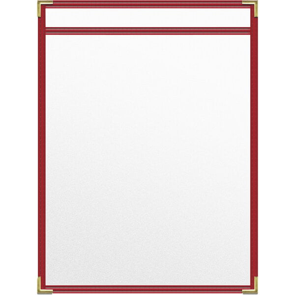 A red rectangular menu cover with white borders and gold corners holding white paper.