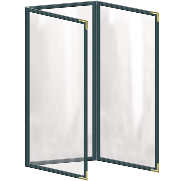 A green vinyl menu cover with gold corners and black lines.