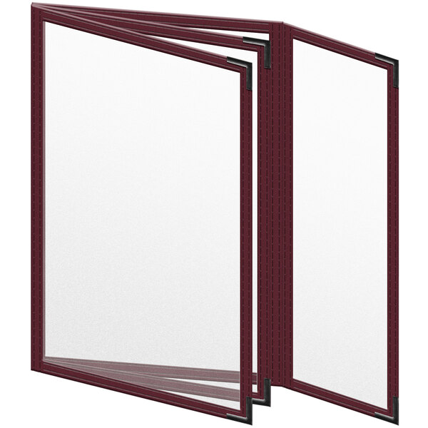 A maroon H. Risch, Inc. menu cover with black corners open to two pages.