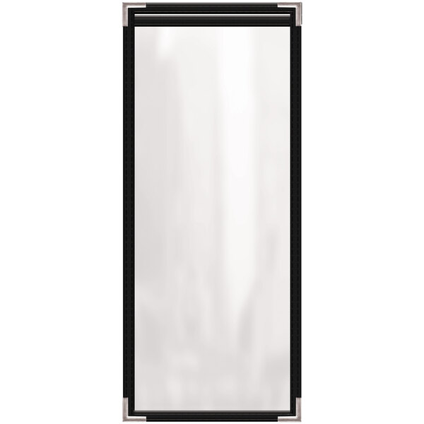 A rectangular white menu cover with black metal corners.