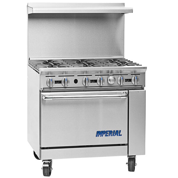 An Imperial Range stainless steel 6 burner range with cabinet base.