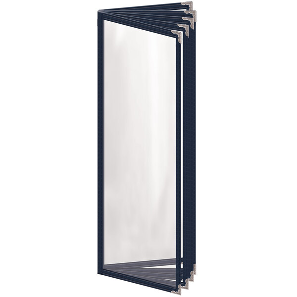 A blue rectangular vinyl menu cover with silver decorative corners and a glossy finish.