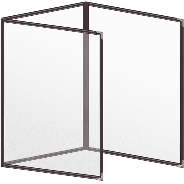 A white rectangular menu cover with a black border and silver decorative corners.