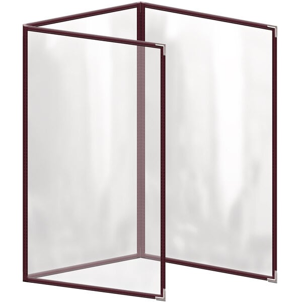 A rectangular vinyl menu cover with a maroon border and silver corners.