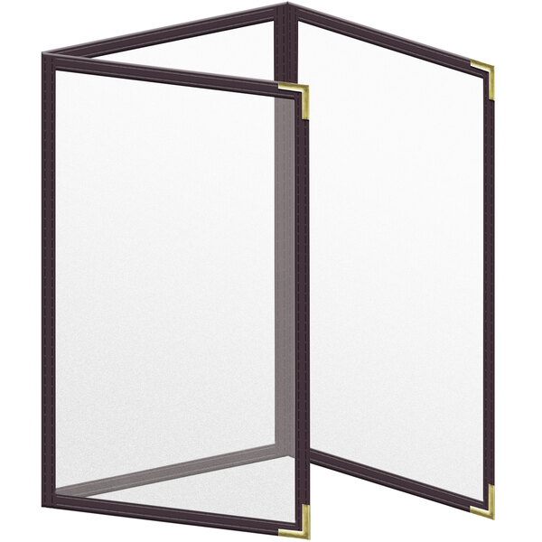 A glass case with a black frame and gold corners holding a white rectangular menu cover.