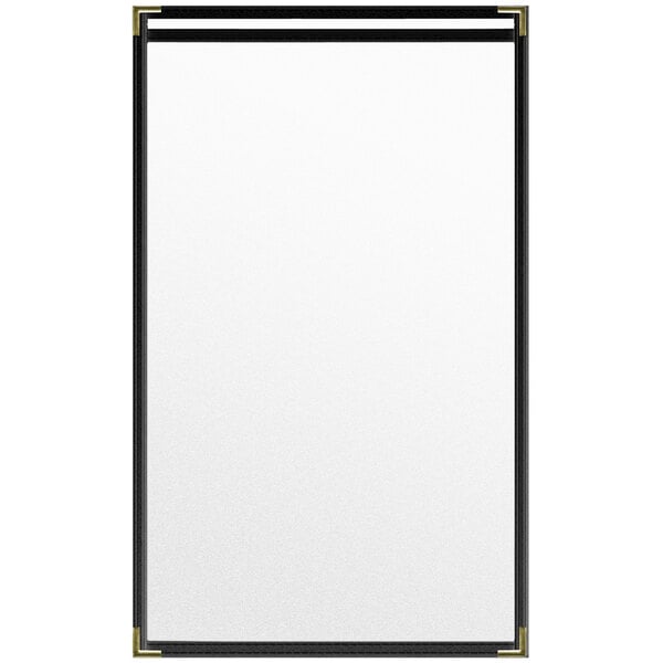 A white rectangular menu cover with black and gold decorative corners.