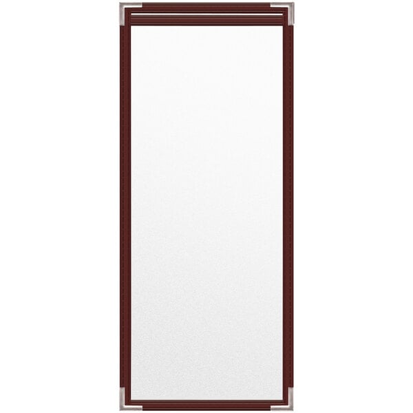 A rectangular maroon vinyl menu cover with silver corners and a matte finish.