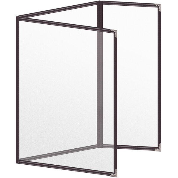 A brown rectangular menu cover with silver corners and a matte finish with black decorative lines.