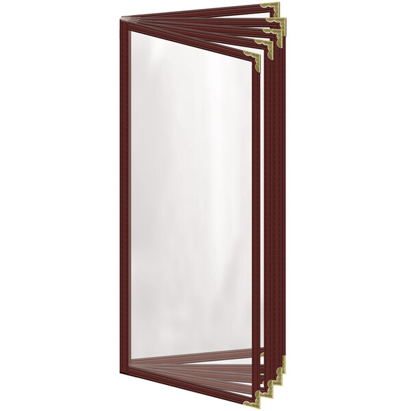 A rectangular maroon vinyl menu cover with gold decorative corners.
