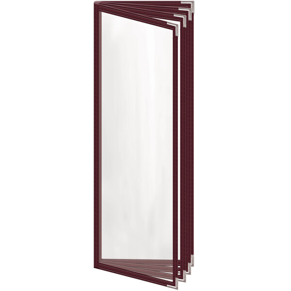 A maroon rectangular menu cover with silver corners and a gloss finish.