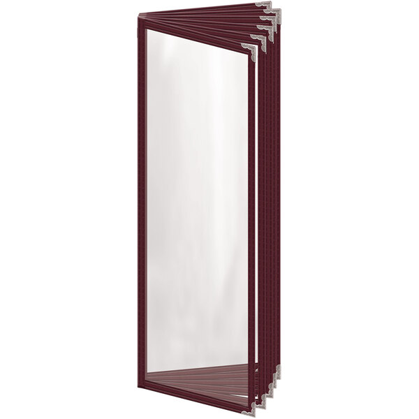 A rectangular maroon vinyl menu cover with silver decorative corners and a gloss finish.