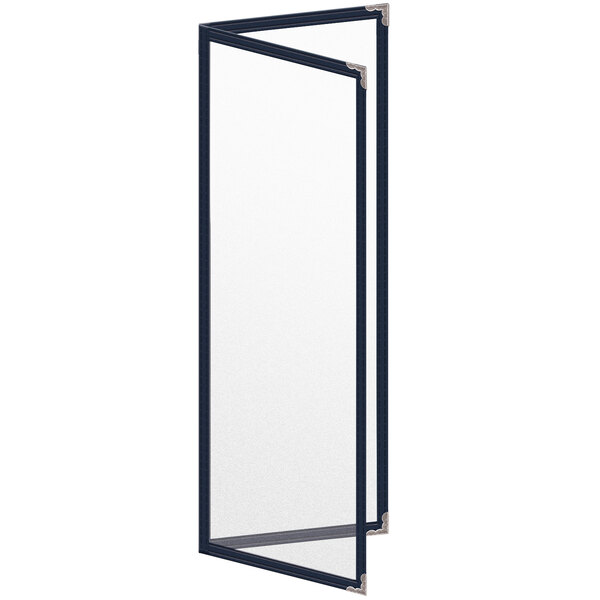 A white rectangular menu cover with blue lines and silver decorative corners.