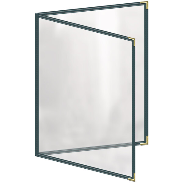 A green menu cover with gold smooth corners and a glossy finish with a gold border.