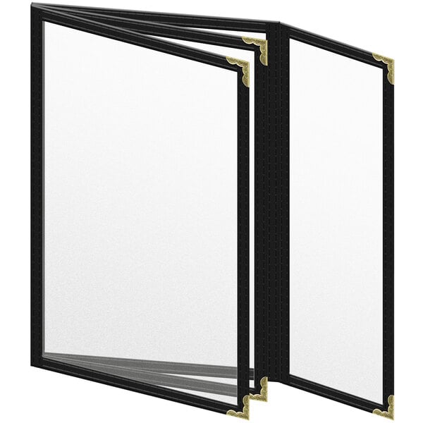 A black menu cover with gold decorative corners and a matte finish with white paper showing inside.