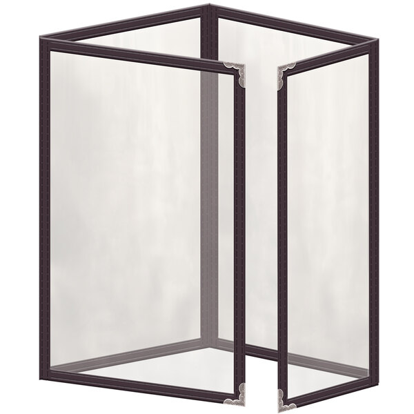 A rectangular glass menu cover with silver decorative corners.