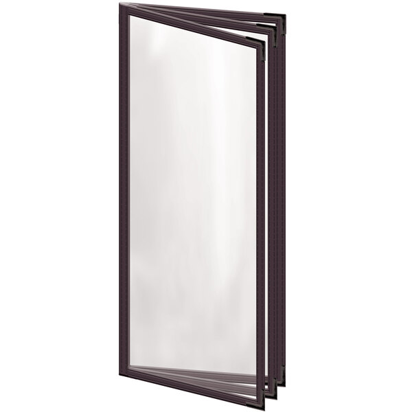 A brown H. Risch, Inc. vinyl menu cover with black metal corners and a gloss finish.