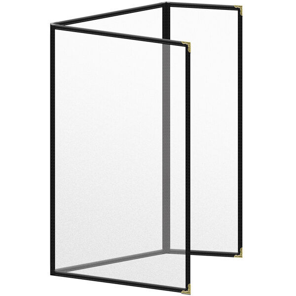 A black rectangular menu cover with gold decorative corners.