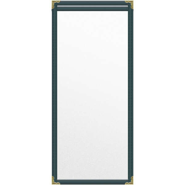 A green vinyl menu cover with gold decorative corners and black trim.