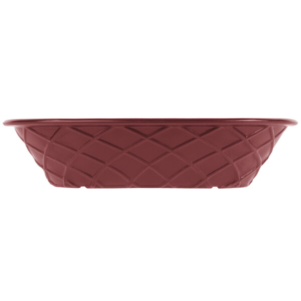 A red polyethylene oval weave basket with a diamond pattern.