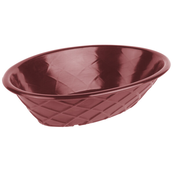 A red polyethylene oval weave basket with a diamond pattern.