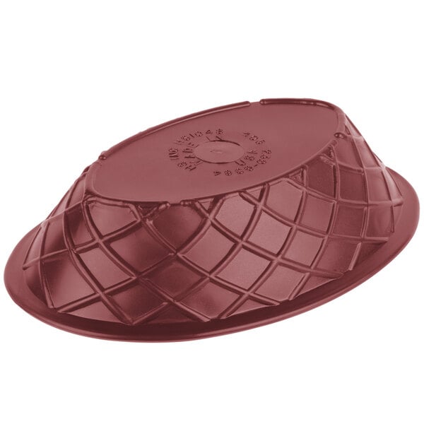 A raspberry polyethylene oval weave basket with a pattern on it.