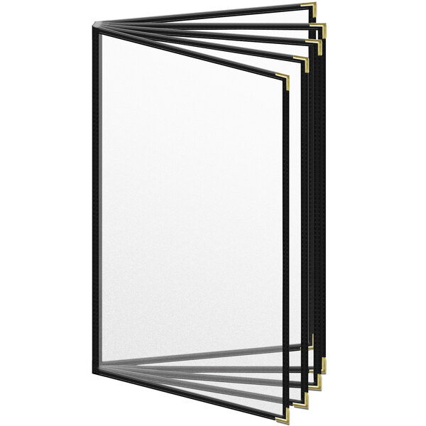 A white paper menu with a black border inside a black and gold H. Risch, Inc. vinyl menu cover.