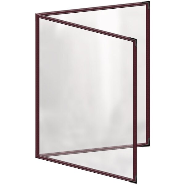 A menu cover with a maroon border and black corners on a white background.