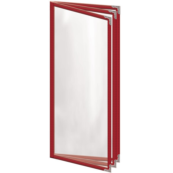 A red rectangular menu cover with silver corners.