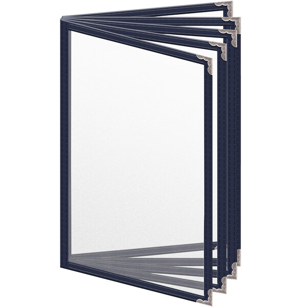 A group of blue H. Risch, Inc. vinyl menu covers with silver corners and a matte finish.