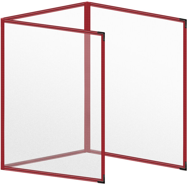 A white rectangular menu cover with red corners and trim and six transparent views.