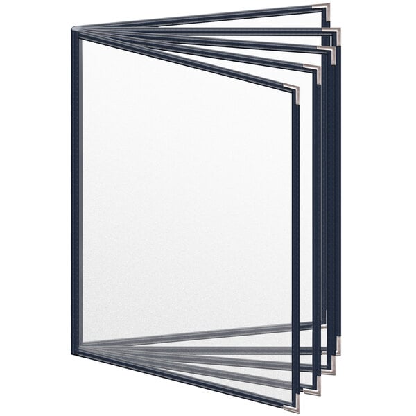 A stack of blue H. Risch, Inc. menu covers with silver smooth corners containing black and white papers.
