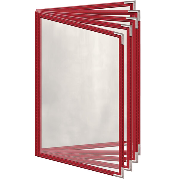 A red menu cover with a white rectangular frame and four clear plastic pockets.