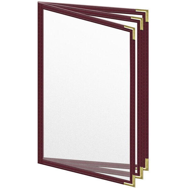 A maroon vinyl menu cover with gold smooth corners and trim.