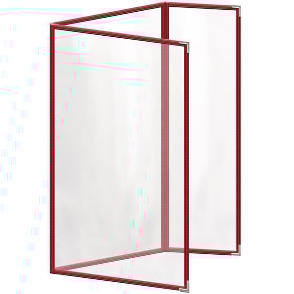 A red rectangular menu cover with white trim and a glossy finish.