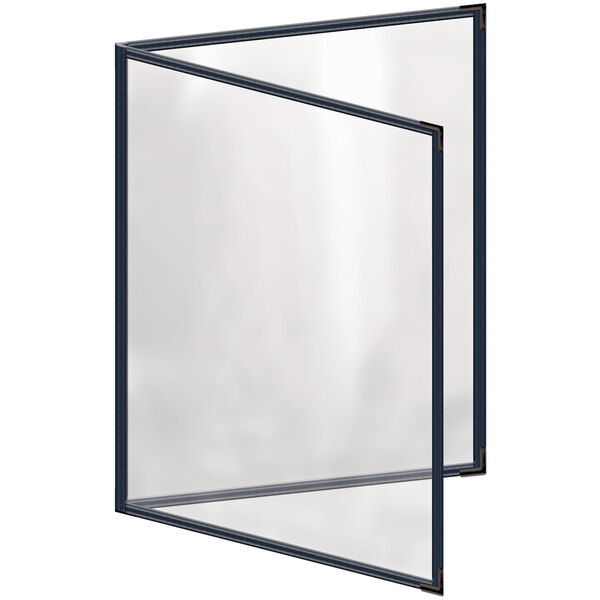 A blue menu cover with black corners and a glossy finish with a window for four pages.