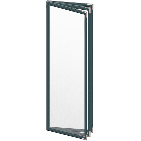 A green rectangular vinyl menu cover with silver corners.