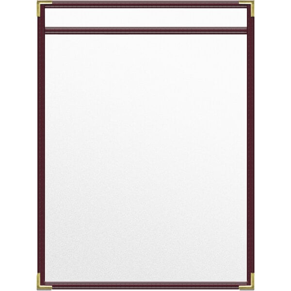 A white board with gold corners and a maroon strip.