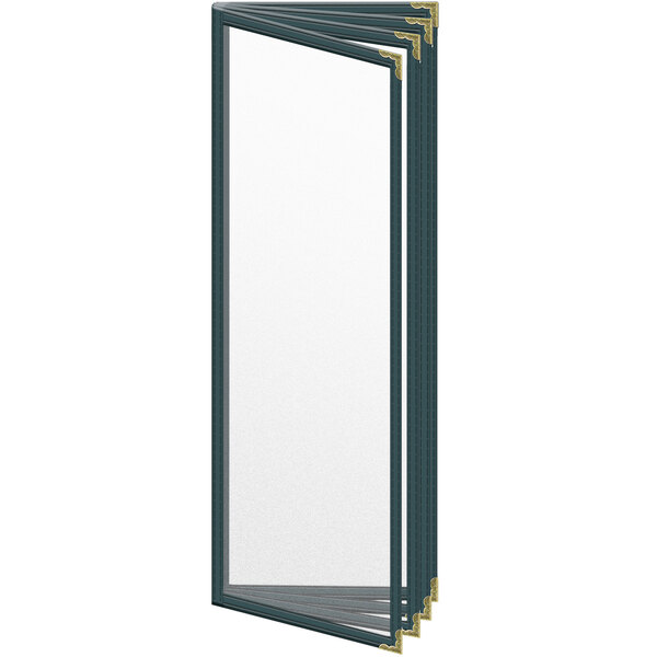 A green menu cover with gold decorative corners and a black border around the window.