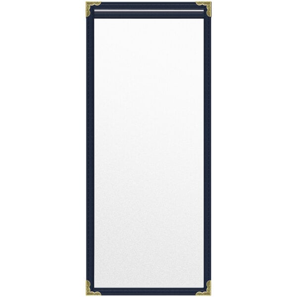 A rectangular blue vinyl menu cover with gold decorative corners.