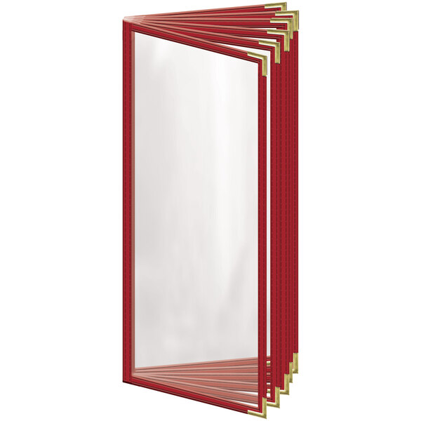 A red rectangular H. Risch, Inc. menu cover with gold smooth corners and trim with 12 red views.